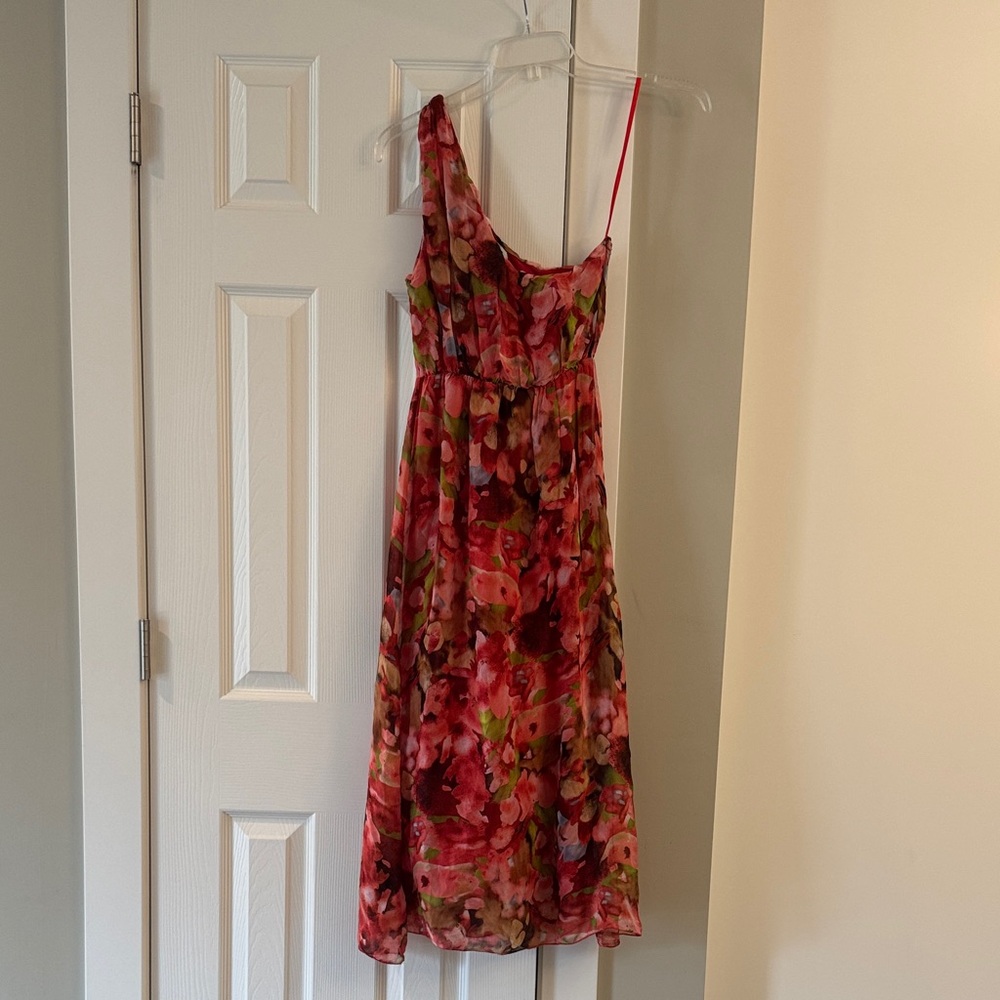 LARA One Shoulder, Midi Dress with Red and Pink Floral Design
